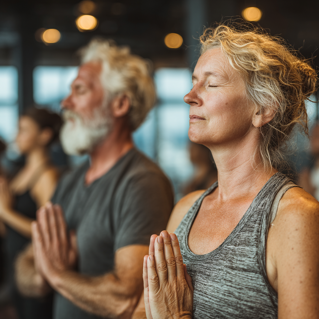 Mature adults aged 45-55 practicing yoga together in a bright, peaceful studio environment