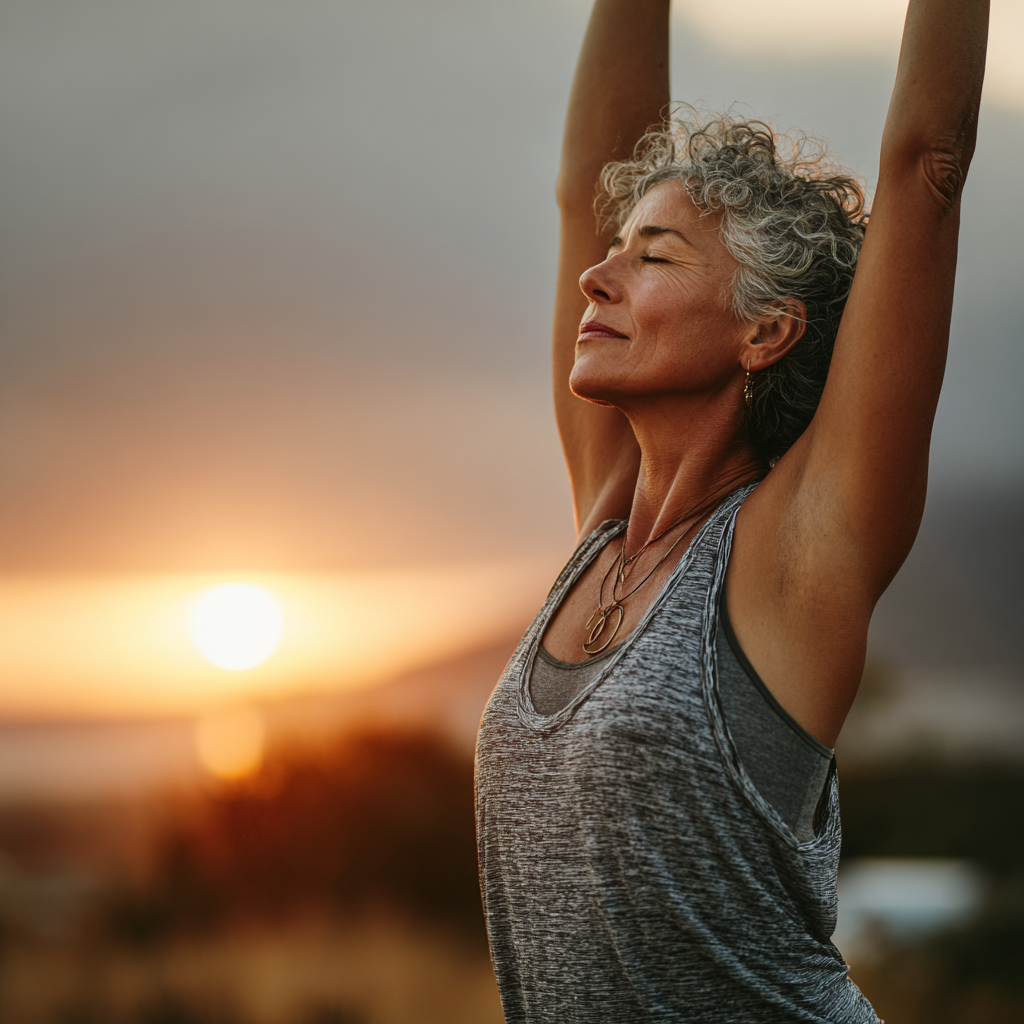 Middle-aged woman in yoga pose outdoors, demonstrating flexibility and strength during morning practice