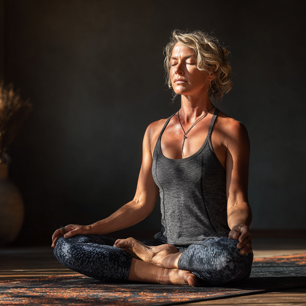 Professional yoga instructor in their 40s demonstrating a meditation pose in a peaceful studio setting